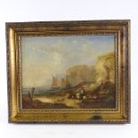 19th century oil on canvas, fishing beach scene, unsigned, 14" x 18", framed Good condition, no