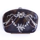 A Victorian tortoiseshell and silver marquetry inlaid purse with plated mount, 7cm across Good
