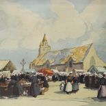 H Barnoin, hand coloured lithograph, Continental market scene, 8.5" x 11", framed Light paper mark