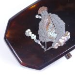 A small 19th century tortoiseshell tobacco box, mother-of-pearl and silver inlaid lid, depicting a