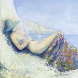 Juliette Hale, oil on board, sunbather, signed, 19" x 27", framed Good condition