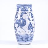 British Studio pottery vase with hand painted blue and white decoration, unsigned, height 26cm