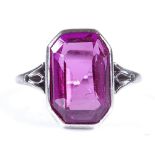 An Art Deco unmarked white metal ruby? dress ring, setting height 13.9mm, size M, 3.3g Good