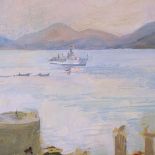 Lavery, oil on board, battleship off the coast, indistinct monogram, inscribed verso, 8" x 10",