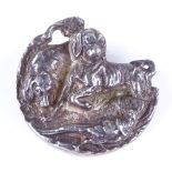 A late 20th century cast silver hunting design brooch, depicting Gun dogs and pheasant, indistinct