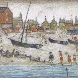 L S Lowry, colour print, beach scene, signed in pencil, published in 1973 by Venture Prints Ltd,