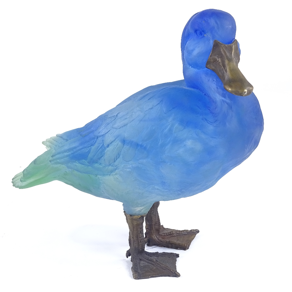 DAUM - Pate de Verre blue/turquoise glass standing duck, with bronze feet and beak, height 16cm,