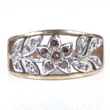 A late 20th century 9ct gold champagne and colourless diamond floral panel ring, setting height 9.