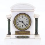 An early 20th century French white marble architectural mantel clock, verdigris column supports with
