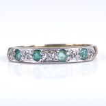 A modern 9ct gold emerald and diamond half eternity ring, setting height 3.2mm, size P, 1.6g Good