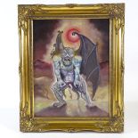 Mixed media on wood panel, a demon, inscribed verso James Brown, 1975, 13.5" x 10.5", framed