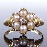 A 19th century 18ct gold split pearl and diamond cluster flowerhead dress ring, maker's marks AA,