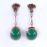 A pair of 18ct rose gold cabochon chrysoprase drop earrings, earring height 42.7mm, 6g Good