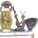 A large French Art Deco grey marble and alabaster 8-day mantel clock, pewter pixie and floral