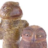 2 mid-20th century handmade Studio pottery grotesque bird design jars and covers, in the style of