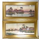 Alex Gordon, pair of watercolours, river scenes, signed, 11" x 27", framed Lines of paper