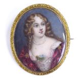 A Georgian double-sided miniature painted portrait panel brooch/pendant, in unmarked yellow metal