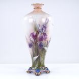 A Hadley's Worcester porcelain vase, hand painted irises and dragonflies, 1900 - 1902, height 24cm