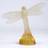 LALIQUE - frosted amber glass dragonfly, engraved signature, wingspan 9.5cm, height 9cm Perfect