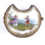 A miniature German porcelain crescent-shaped trinket box, with painted and gilded decoration, 6cm