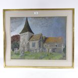 Patrix Born, gouache on grey paper, church Kent, signed and dated 1969, 19" x 25", framed Good