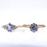 2 mid-late 20th century 18ct gold sapphire and diamond cluster dress rings, sized N/O and G, 3.7g