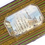 A mid-19th century papier mache spectacle case, the colourful banded cover having an inset miniature
