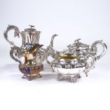 A Victorian silver 4-piece tea and coffee set, squat pumpkin form with cast floral knop, acanthus