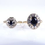 2 9ct gold sapphire and diamond cluster rings, size L and O, 5.8g total (2) Bot in very good