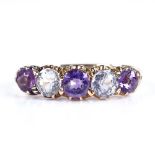 A late 19th century unmarked rose gold 5-stone amethyst and white sapphire half hoop ring, setting