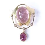 An Art Nouveau Murrle Bennett 15ct gold cabochon rose quartz and split pearl pendant/brooch,
