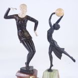 2 Art Deco style patinated bronze dancing figures on onyx and marble bases, largest height 36cm