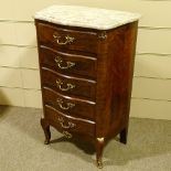 A French kingwood narrow chest of 5 drawers of small size, with shaped marble top, width 61cm,
