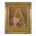 Attributed to Peter De Wint, watercolour, still life, unsigned, old labels verso, 16" x 12.5",