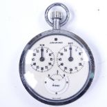 JUNGHANS - a Vintage German chrome-cased 1/10th second stopwatch, white dial with 3 subsidiary