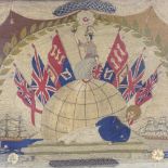A 19th century sailor's wool work embroidered picture, depicting British flags, sailing ships, and