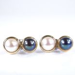 A pair of handmade 14ct gold black and white pearl Toi Et Moi earrings, earring length 21.5mm, 4g