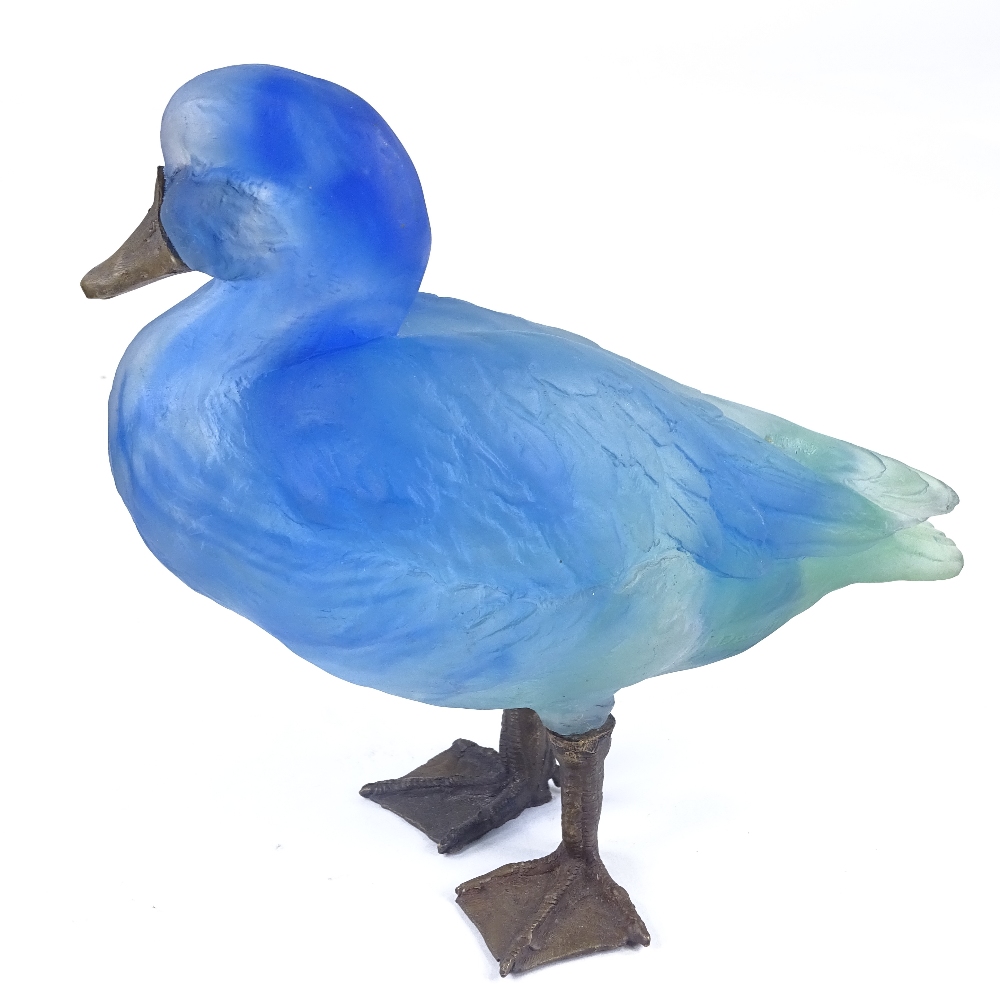 DAUM - Pate de Verre blue/turquoise glass standing duck, with bronze feet and beak, height 16cm, - Image 2 of 3