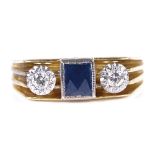 A late 20th century 18ct gold 3-stone sapphire and diamond dress ring, raised ridged shoulders