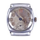 A First War Period silver cushion-cased mechanical wristwatch head, silvered dial with Arabic