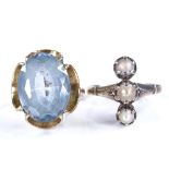 A late 20th century 9ct gold blue topaz dress ring, size N, 4.6g, and an unmarked silver 3-stone