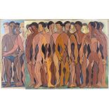 Lorna Dunn (1920 - 2016), 2 oils on canvas, modernist figure compositions, signed, 24" x 29",