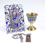 Various silver, including silver-gilt enamel egg cup, sterling enamel religious plaque etc Lot