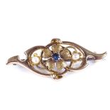 An early 20th century 15ct rose gold 3-stone sapphire and pearl floral brooch, hallmarks Chester