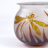 An amber/frosted cameo glass dragonfly design bowl, indistinct signature, rim diameter 14.5cm,