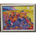 T Russell, large oil on board, impressionist harvest scene, signed, 28" x 36", framed Good condition