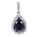 A 14ct white gold black and colourless diamond cluster pendant, pear-cut black diamond approx 3.