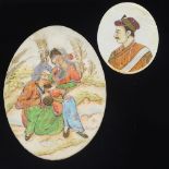 An Indian miniature watercolour on ivory with gilding, depicting 2 lovers, height 11cm, and an