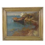 Early 20th century Newlyn School, oil on canvas, moored boat by rocks, unsigned, 13" x 16", framed