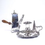 A silver plated side-pouring chocolate pot, and a silver plated chamber stick Both in fair overall